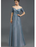 Off Shoulder Gray Blue Tulle Pleated Long Evening Dress